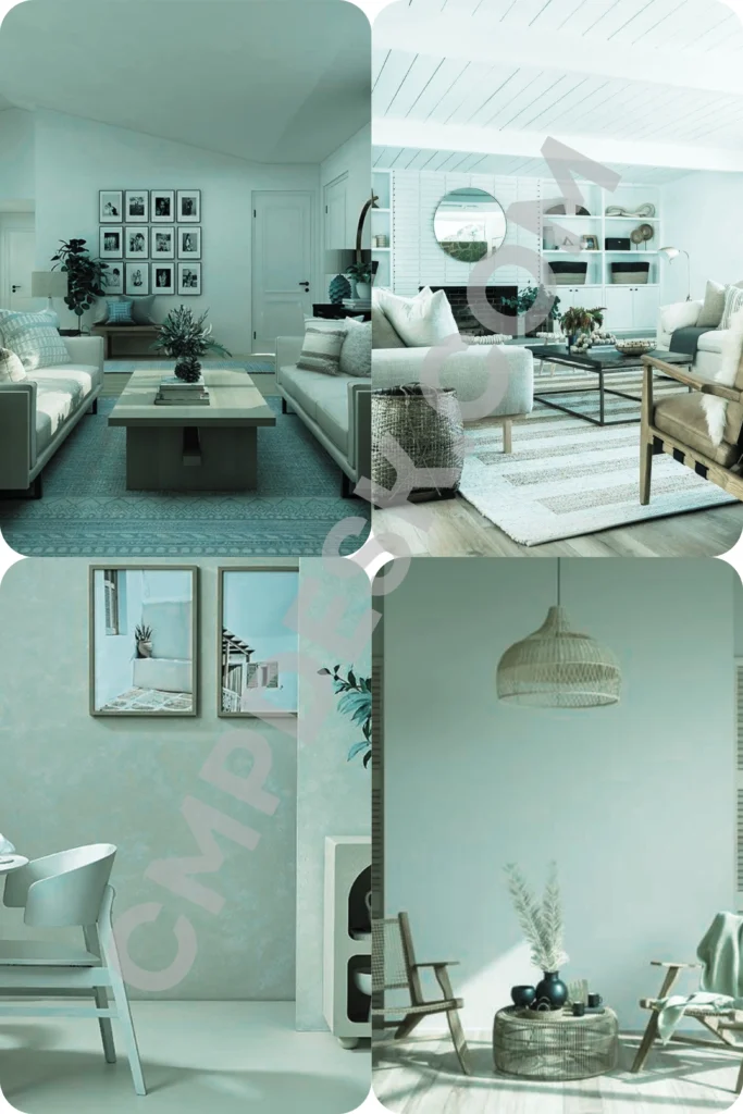 A four-panel photo collage illustrating tone-on-tone monochromatic home decor ideas using soft teal and mint green shades. The top-left panel shows a spacious living room with matching mint-toned sofas, a wooden coffee table, and a grid gallery wall. The top-right panel features a bright coastal-style living room with white paneled ceilings and light-colored furniture. The bottom panels highlight minimalist setups, including a textured seafoam wall with framed art and a cozy seating area featuring woven rattan chairs and a matching pendant light.