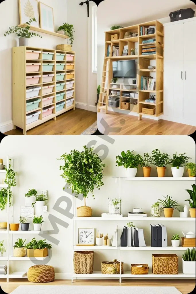 Vertical storage solutions and shelf styling for small apartments. This collage from 3.webp demonstrates how to utilize tall wooden bookcases, colorful cubby bins, and open white floating shelving units to maximize space and keep floors completely clutter-free.