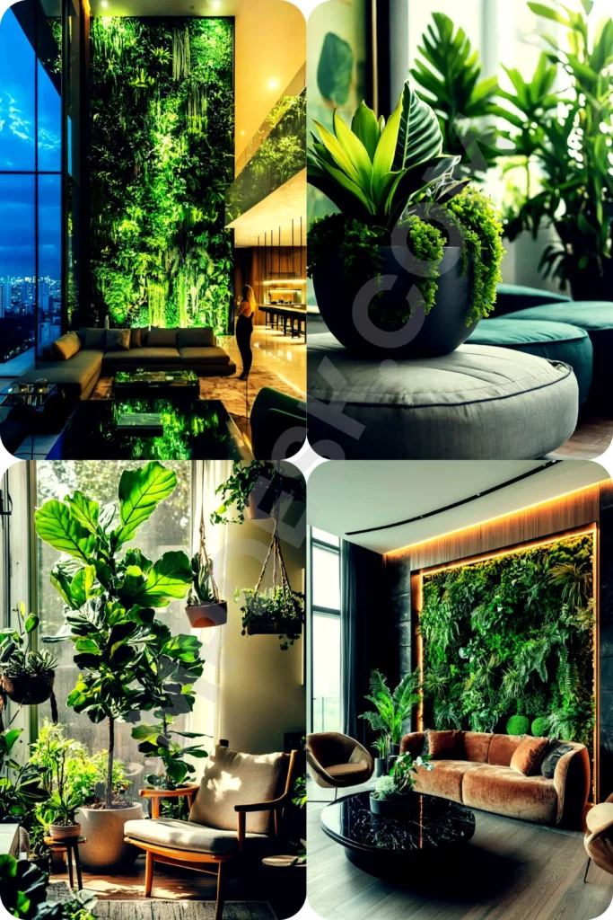 A four-panel photo collage showcasing biophilic interior design and home decor ideas with lush green plants. The panels feature a luxury living room with a massive vertical living plant wall, a close-up of a vibrant potted plant sitting on a grey ottoman, a sunlit reading nook with a large fiddle leaf fig and hanging macrame planters, and a modern living room featuring a velvet sofa in front of a backlit moss and fern wall.