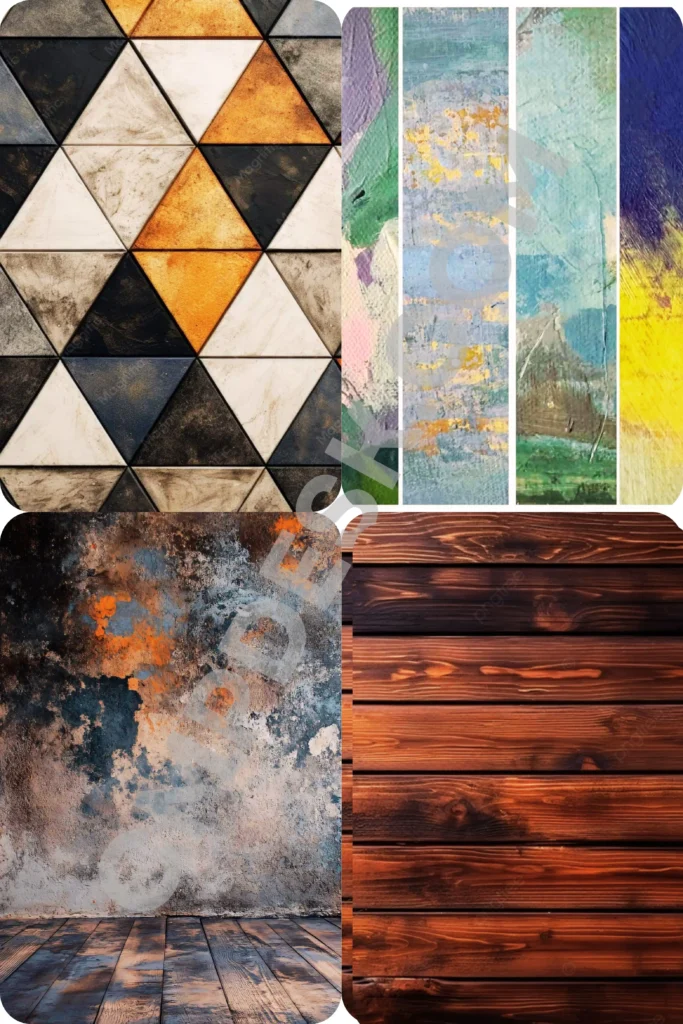 A four-panel photo collage showcasing different tactile interior design materials and textures. The top-left panel shows a geometric wall tile pattern made of textured triangles in matte white, charcoal black, and rustic ochre gold. The top-right panel displays vertical abstract canvas painting strips with thick, visible brushstrokes in teal, blue, and yellow. The bottom-left panel features a heavily weathered, rustic concrete plaster wall finish with patches of orange and blue over a distressed wooden floor. The bottom-right panel displays a smooth, warm-toned horizontal dark wood paneling texture.