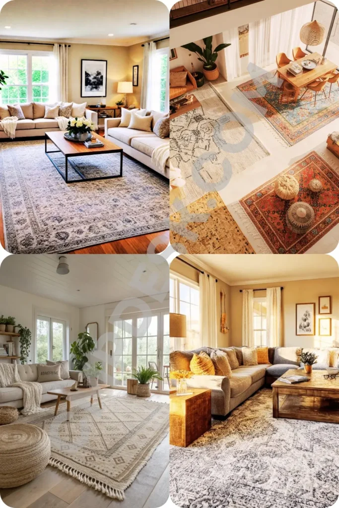 Small space apartment decor hacks using area rugs to define layout zones. This design collage from 4.webp shows how to anchor living room furniture groupings, layer textures with woven poufs, and use large traditional or bohemian patterned rugs to split open-concept rooms without physical dividers.