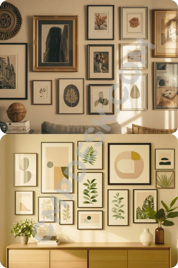 Two examples of gallery walls arranged above furniture. The top panel features an eclectic gallery wall with warm vintage tones, including ornate gold and black frames holding portraits, botanical sketches, and architectural prints above a sofa. The bottom panel displays a more modern, structured gallery wall with a uniform black frame color theme, showcasing minimalist abstract art and bright green botanical prints arranged symmetrically over a wooden credenza with small potted plants.