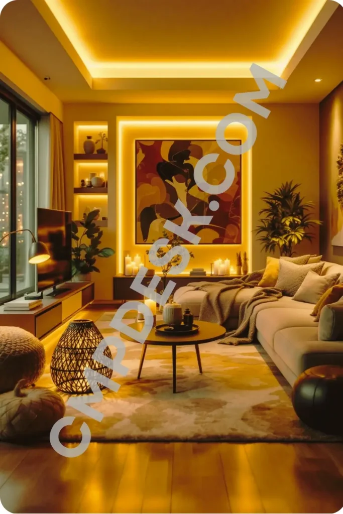 A cozy, modern living room beautifully styled with layered, warm ambient lighting. Golden LED strip lights wrap around the tray ceiling and frame a large abstract wall painting and built-in recessed display shelves. The space features a cream sectional sofa with textured throw blankets, a low round black coffee table, lit wax candles on a side credenza, a small task lamp, and a large glowing woven wicker lantern sitting on a patterned rug.