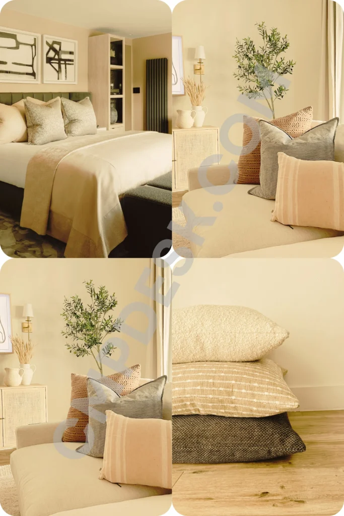 A four-panel collage showcasing elegant home decor ideas using textured textiles. The images include a luxury bedroom with a perfectly made bed and plush decorative pillows; a neutral-toned sofa styled with a 2:1 ratio of patterned and solid throw pillows; and a close-up stack of high-quality cushion covers in rich textures like boucle and heavy woven cotton in earthy tones.