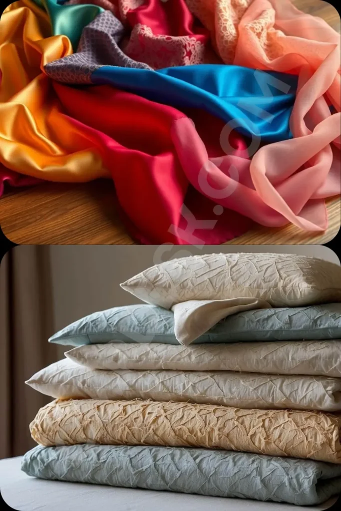 A two-panel image showcasing a variety of high-quality fabrics and textures. The top panel features a vibrant, flowing pile of luxurious fabrics in rich shades of golden yellow, crimson red, satin blue, and soft pastel pink, highlighting a mix of silky satin and delicate lace textures. The bottom panel displays a neat stack of plush throw pillows with crinkled, highly tactile cushion covers in neutral shades of cream, beige, soft white, and dusty ice blue.