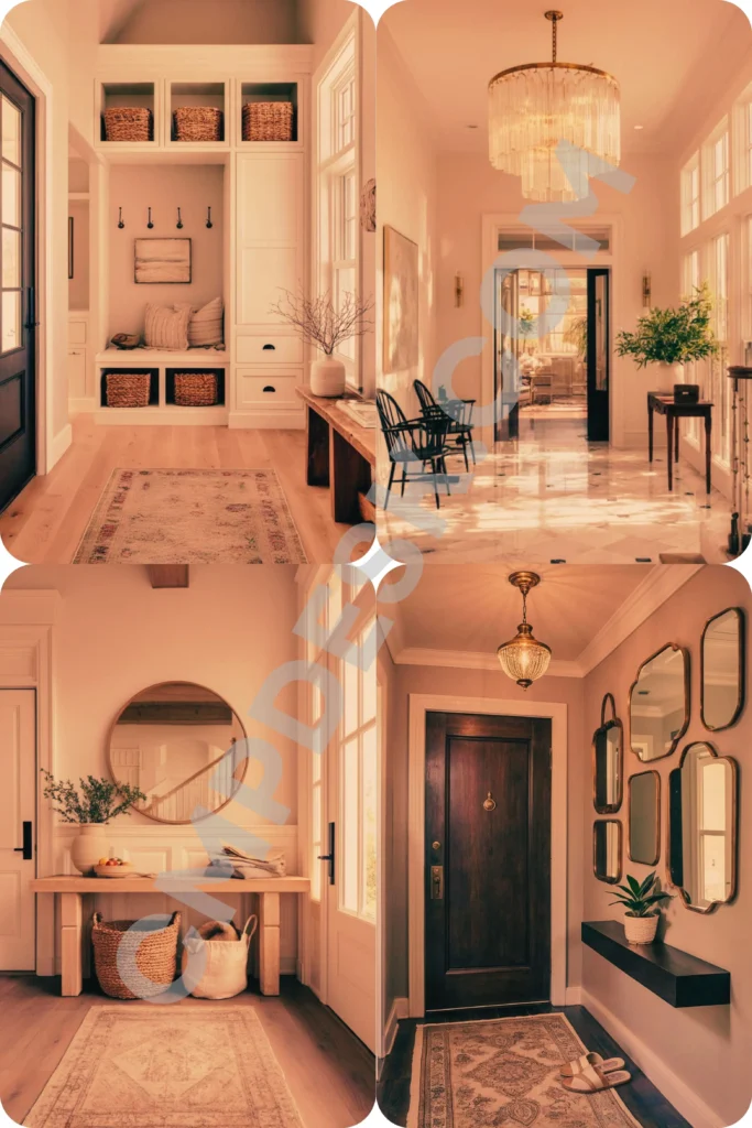 A four-panel photo collage featuring inviting entryway and foyer home decor ideas in warm, neutral tones. The panels show a bright mudroom area with a vintage-style runner rug and decorative storage baskets; a grand hallway with a luxury chandelier and console table; a simple wooden console table styled with a large round mirror and woven baskets underneath; and a modern entryway with a floating shelf, a dark wood front door, and a gallery of gold-framed wall mirrors.