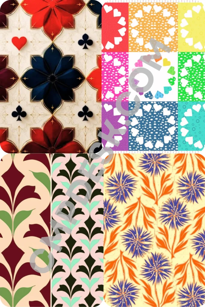 A four-panel collage showcasing distinct, repetitive graphic patterns. The top-left features card suit motifs with a dark blue flower centerpiece, red hearts, and black clubs. The top-right shows a colorful grid of repeating white heart circles. The bottom-left features an elegant vertical art deco wave pattern in burgundy, sage green, and mint. The bottom-right displays a bold, retro block-print style floral pattern with bright blue blooms and orange leaves.