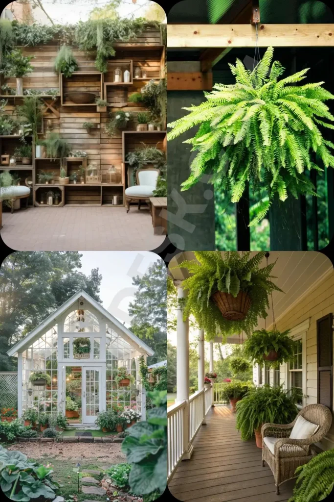 Refreshing home and outdoor decor ideas using easy greenery. This collage from 7.webp demonstrates how to use hanging Boston ferns, potted plants, and rustic wood finishes to bring the outdoors in, creating a lively and comforting space on your patio, porch, or cozy indoor corner.