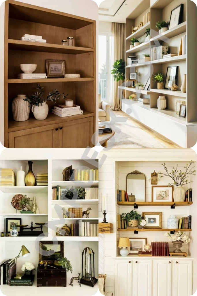 A four-panel photo collage showcasing different bookshelf styling ideas. The images feature a natural wood bookcase with minimalist decor; a modern, wall-to-wall built-in shelving unit with plenty of negative space; a white bookcase with books turned backward for a neutral look; and rustic floating wooden shelves decorated with vintage mirrors, framed photos, and small potted plants.