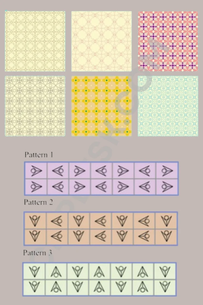 A graphic display showcasing various delicate geometric patterns. The top half features a six-panel grid of subtle, repeating tile and lattice prints in cream, pastel purple, golden yellow, and mint green. Below the grid are three distinct linear horizontal pattern rows labeled Pattern 1, Pattern 2, and Pattern 3, showing architectural minimalist line icons arranged inside light purple, peach, and green blocks.