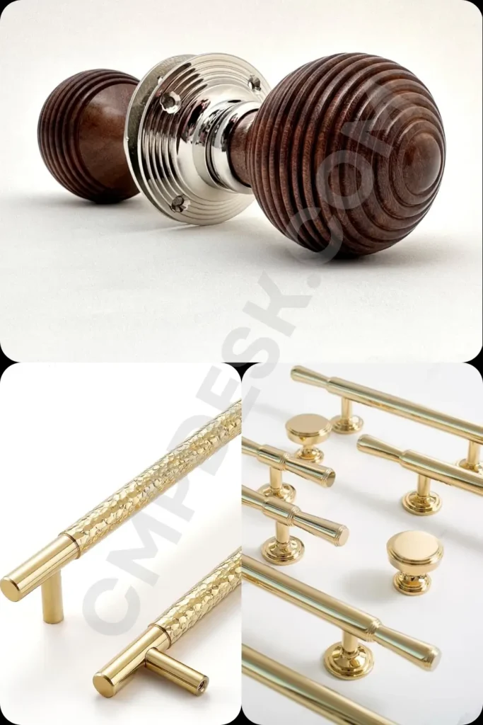 Renter-friendly home decor ideas for upgrading cabinet hardware. This collage from 8.webp highlights beautiful, custom hardware options like textured brushed brass drawer pulls, polished gold cabinet handles, and unique wood door knobs to elevate dressers and cabinets on a budget.