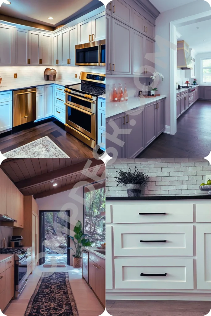 A four-panel collage showcasing elegant and affordable home hardware upgrades. The panels feature a modern bathroom vanity with brushed brass drawer pulls and a matching faucet; sleek kitchen cabinets styled with minimalist matte black T-bar handles; unique geometric gold knobs on dark wood cabinetry; and a close-up of luxurious vintage-style brass and porcelain hardware details.