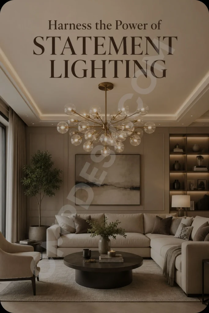 A luxurious, monochromatic living room styled in warm beige and taupe tones. A large, dramatic brass sputnik chandelier with glowing glass globes hangs from a recessed tray ceiling, casting a warm ambient light. Below, a cream-colored sectional sofa is styled with dark brown pillows, paired with a dark wood round coffee table and structured built-in bookshelves displaying warm accent lighting. Dark text overlay at the top reads: "Harness the Power of STATEMENT LIGHTING."
