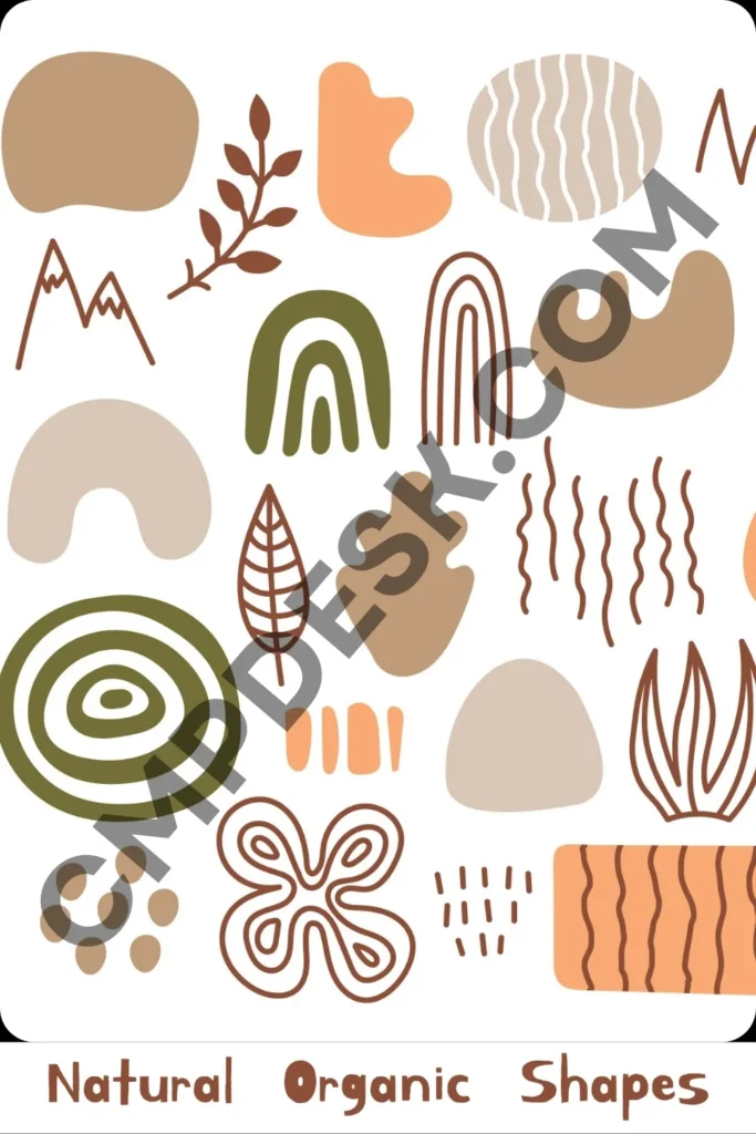 A graphic design poster showcasing a collection of natural organic shapes and bohemian abstract illustrations on a plain white background. The collection includes various soft earth-toned shapes in sage green, terracotta orange, soft beige, and chocolate brown. Hand-drawn linework elements feature minimalist mountain peaks, single botanical leaves, wavy water lines, stacked rainbow arches, concentric tree ring circles, and fluid, curved pebble blobs. Printed text along the very bottom reads: "Natural Organic Shapes."