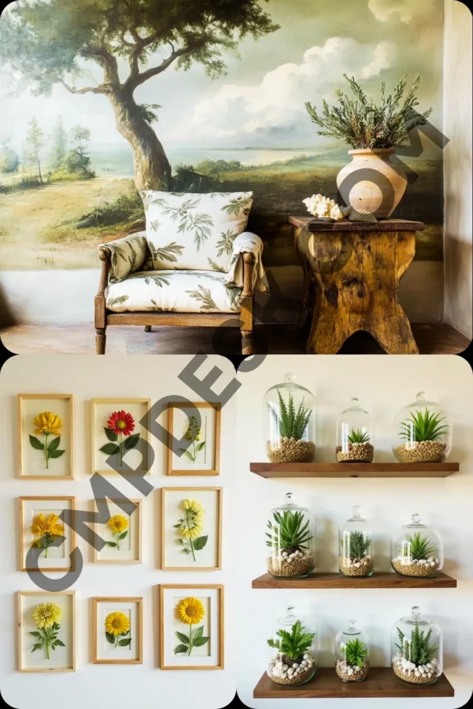 A three-panel photo collage showcasing nature-inspired wall decor and botanical art displays. The large top panel features a cozy wooden armchair with a green botanical print cushion, set against a wall featuring a large, painted landscape mural of a tree and countryside lake scene. The bottom-left panel shows a gallery wall arrangement of nine light wood frames displaying bright yellow and red pressed floral illustrations. The bottom-right panel displays three wooden floating shelves mounted on a white wall, neatly lined with glass cloches and terrariums holding small green succulents and pebbles.