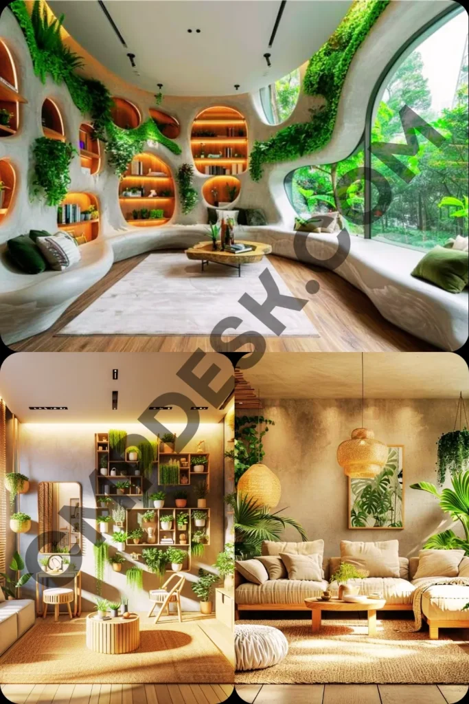 A three-panel photo collage showcasing creative, plant-filled biophilic home interiors. The large top panel features a futuristic, organic-styled living area with white curved bench seating built into cave-like concrete walls, complete with a massive round window looking out at green trees, built-in lighted shelving niches, and crawling ivy. The bottom-left panel shows a sunlit room featuring a tall grid-pattern wooden shelving unit mounted on the wall, densely packed with small potted plants and hanging vines. The bottom-right panel displays a cozy beige living room setup with a sectional sofa, a round jute rug, hanging woven wicker pendant lamps, and lush tropical potted plants.