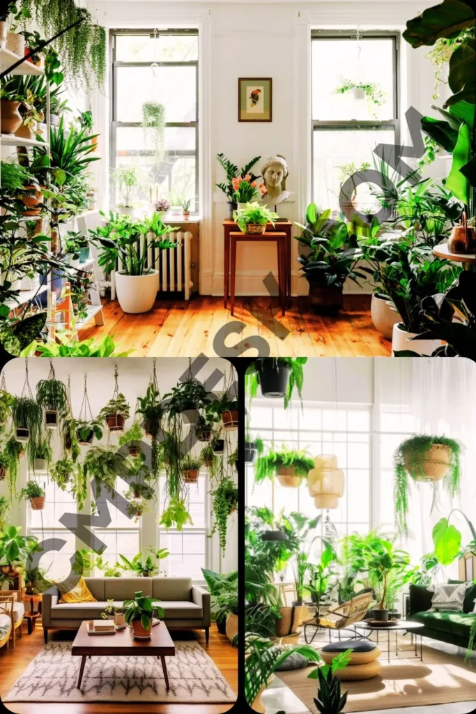 A four-quadrant interior design collage showcasing bright, sunlit rooms filled with lush potted houseplants, hanging vines, floating shelves, and views of a green forest.