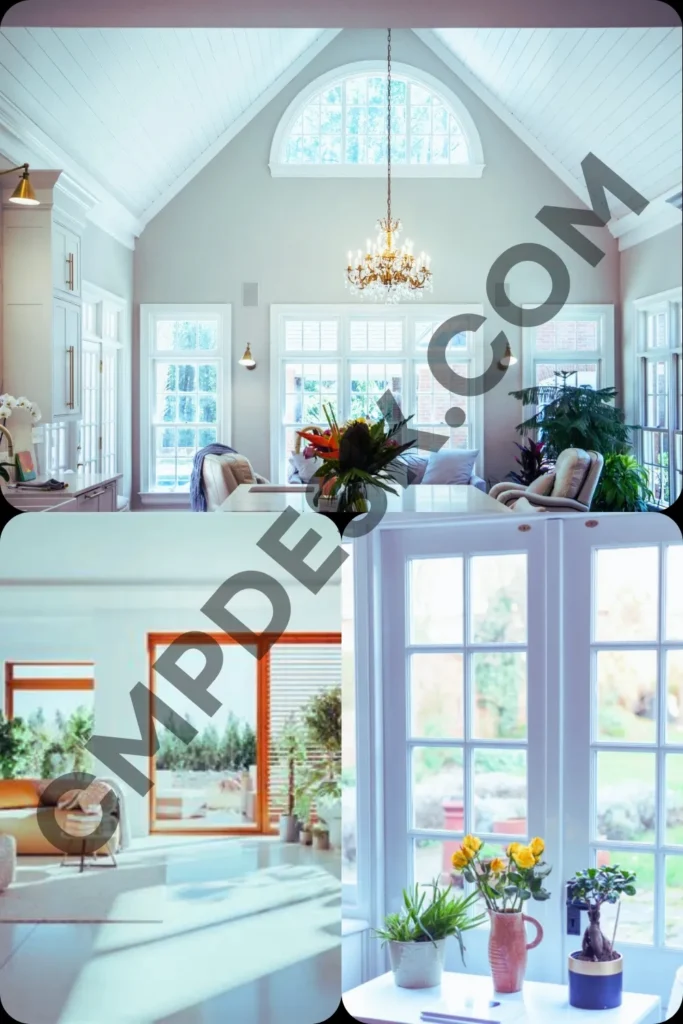 An interior design graphic featuring three sunlit rooms decorated with massive pane windows, glass doors, indoor potted plants, and bright white architecture.