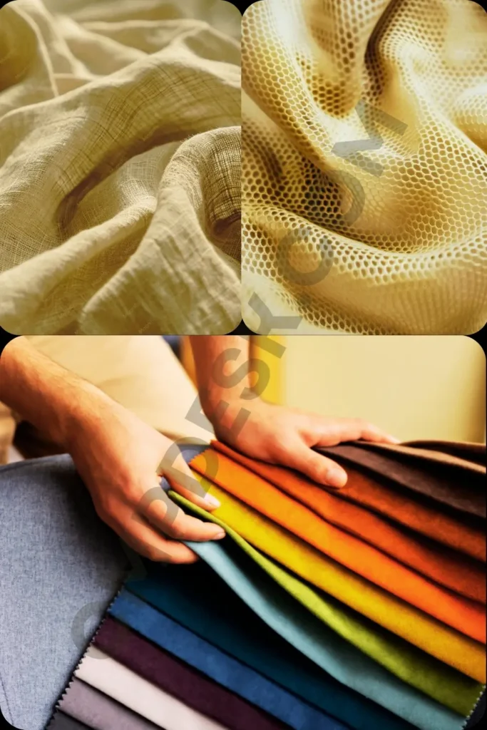 A fabric swatch composition highlighting close-ups of crinkled cream linen, textured honeycomb mesh, and a hands-on fan sample book of colorful velvet upholstery textiles.