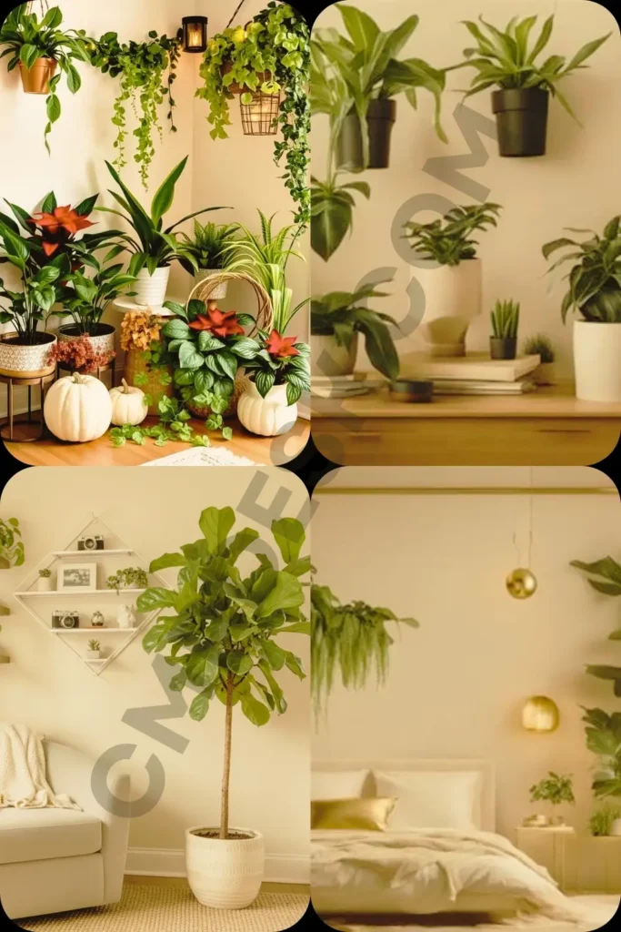 A four-panel interior design collage featuring monochromatic warm rooms beautifully decorated with lush green houseplants, trailing hanging ferns, and a tall potted fiddle leaf fig tree.