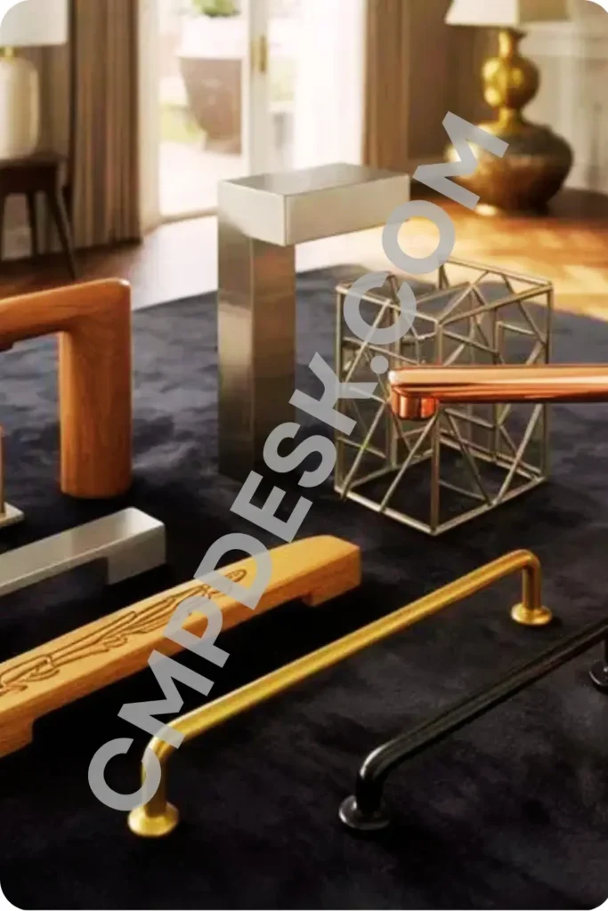 A variety of premium cabinet handles and drawer pulls in brushed brass, matte black, wood, copper, and chrome finishes arranged on a dark fabric.