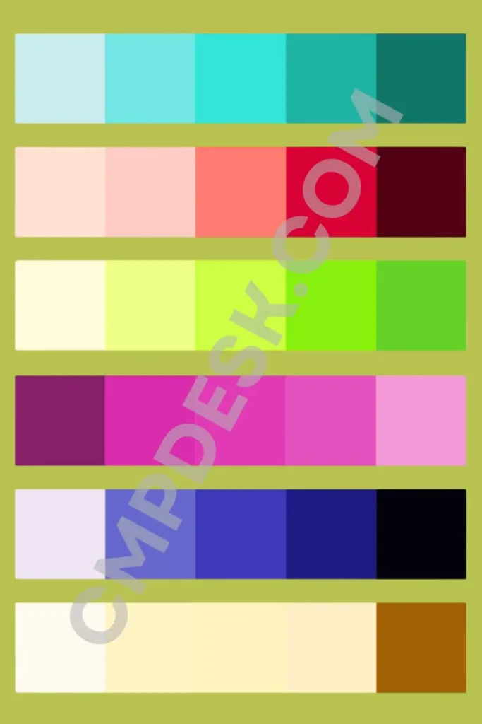 A digital design chart showcasing six different monochromatic color spectrum swatches shifting from light pastel tints to deep, saturated shades of teal, red, green, purple, blue, and brown.