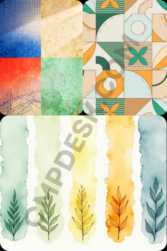 An interior print style display featuring abstract multi-colored textured squares, a repeating geometric mid-century pattern, and botanical watercolor leaf stems.