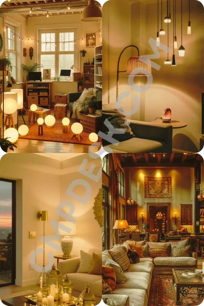 A four-quadrant interior design collage showcasing warm, layered lighting setups with modern floor lamps, pendant fixtures, and decorative lanterns casting a cozy glow over different living spaces.