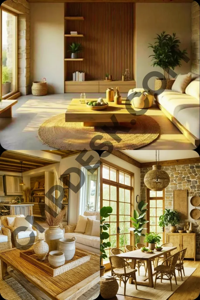 A multi-photo interior design collage featuring bright, natural living spaces decorated with wooden coffee tables, woven rattan seating, jute area rugs, and warm stone and slatted-wood accent walls.