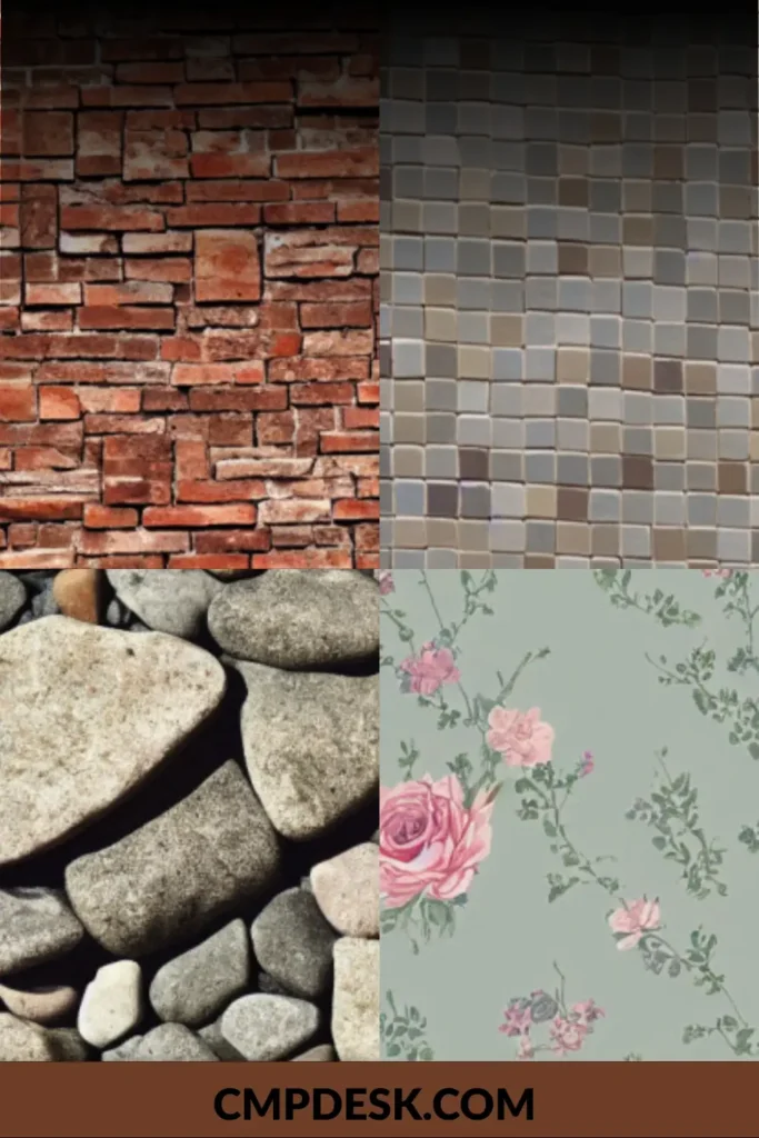 A four-quadrant material collage highlighting different design textures, featuring a rough brick wall, a smooth mosaic tile pattern, rounded river stones, and a matte sage green floral wallpaper.