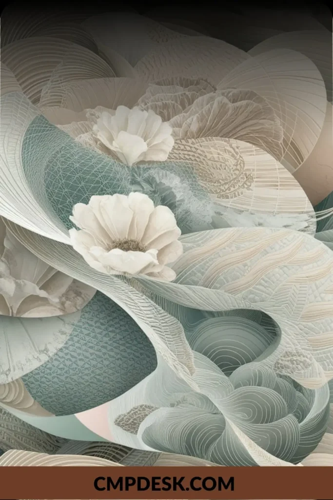 An abstract textured design featuring large white blossoms layered over flowing ribbons decorated with subtle sage green geometric patterns and fine wavy lines.