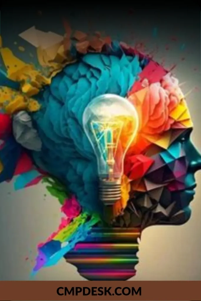 An abstract digital artwork of a human head silhouette filled with colorful geometric shapes and a bright, glowing glass lightbulb illuminated in the center.