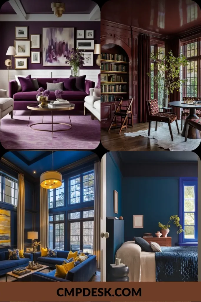 A four-quadrant interior collage demonstrating the color drenching technique, featuring saturated plum purple, crimson wood, and deep blue rooms styled with high-end furniture and metallic accents.