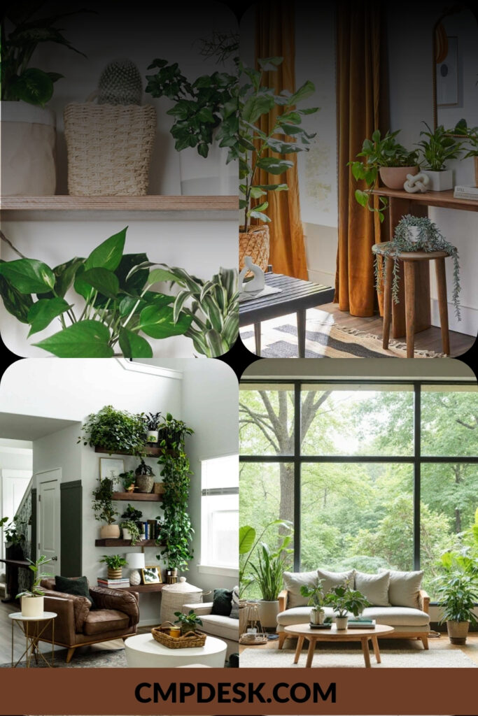A four-quadrant home design collage showcasing indoor plant decor, featuring floating plant shelves, trailing vines on stools, woven planters, and a scenic window wall looking out at trees.
